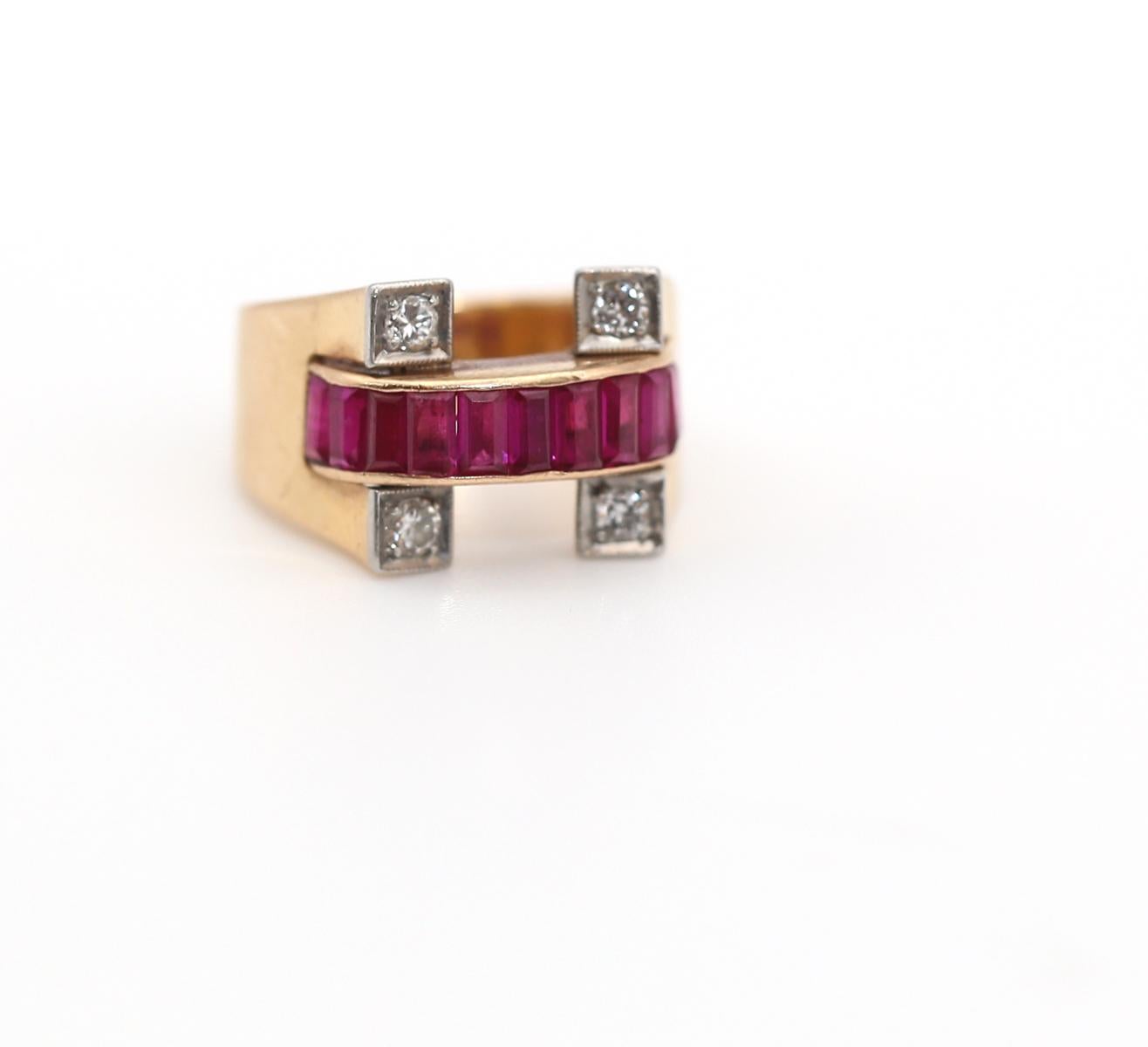 Baguette Cut Rubies Diamonds Horseshoe Charm Ring, 1940