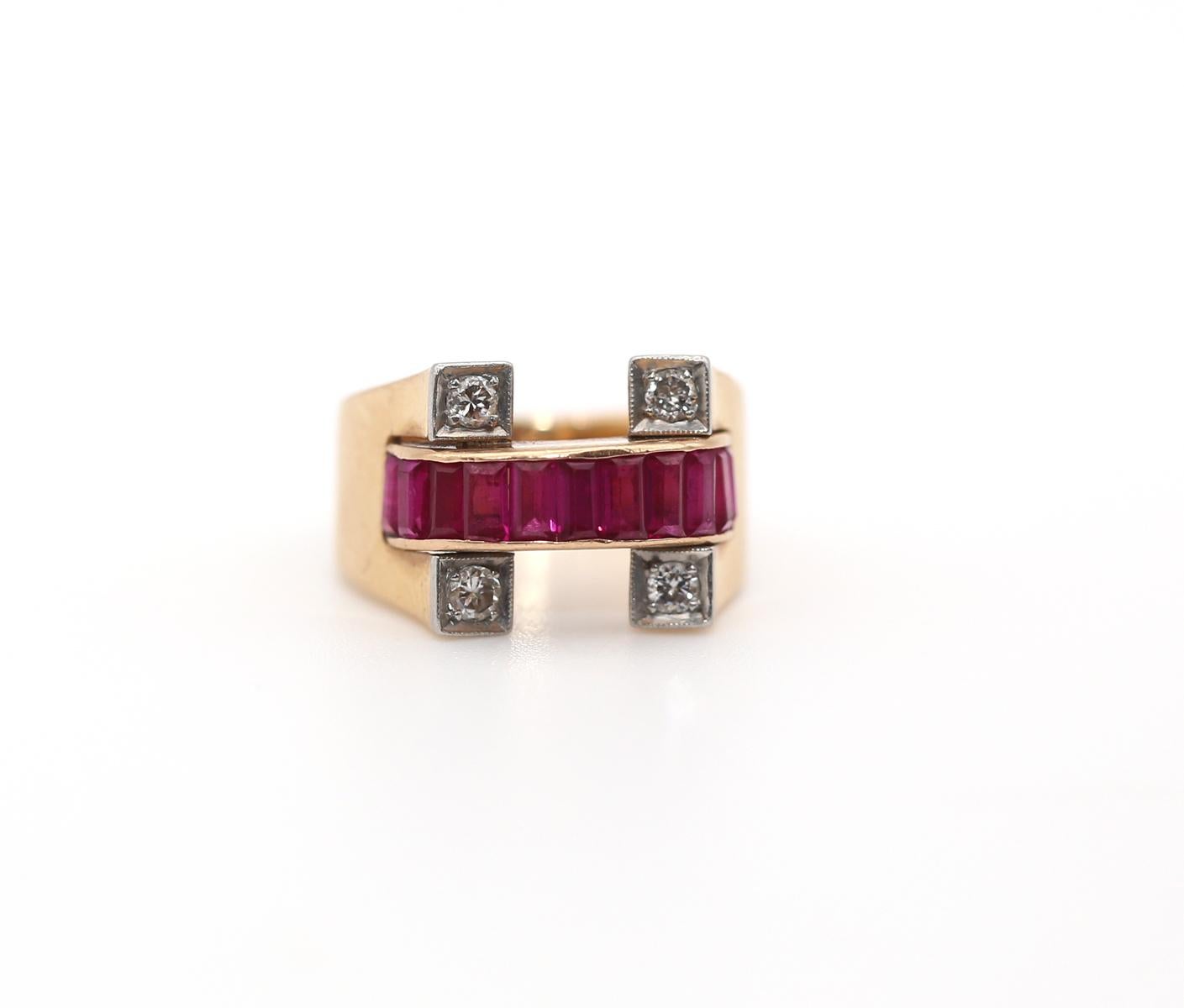 Rubies Diamonds Horseshoe Charm Ring, 1940 In Good Condition In Herzelia, Tel Aviv