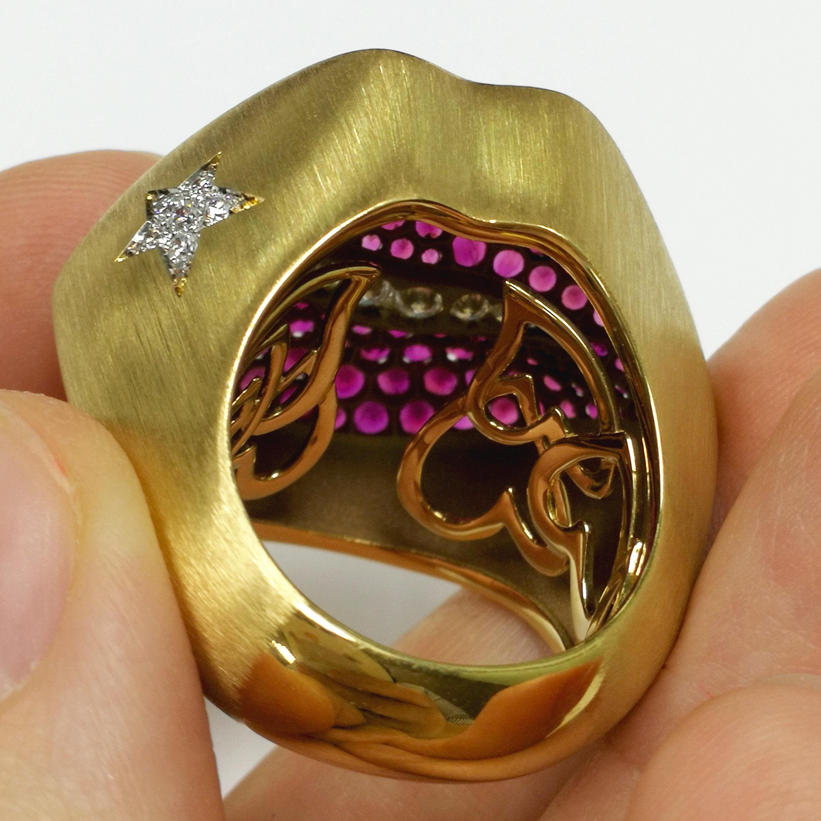 Women's Rubies Diamonds Kiss Me Baby 18 Karat Yellow Gold Ring For Sale