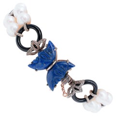 Rubies, Diamonds, Lapis, Pearls, Onyx, 9 Kt Rose Gold and Silver Beaded Bracelet