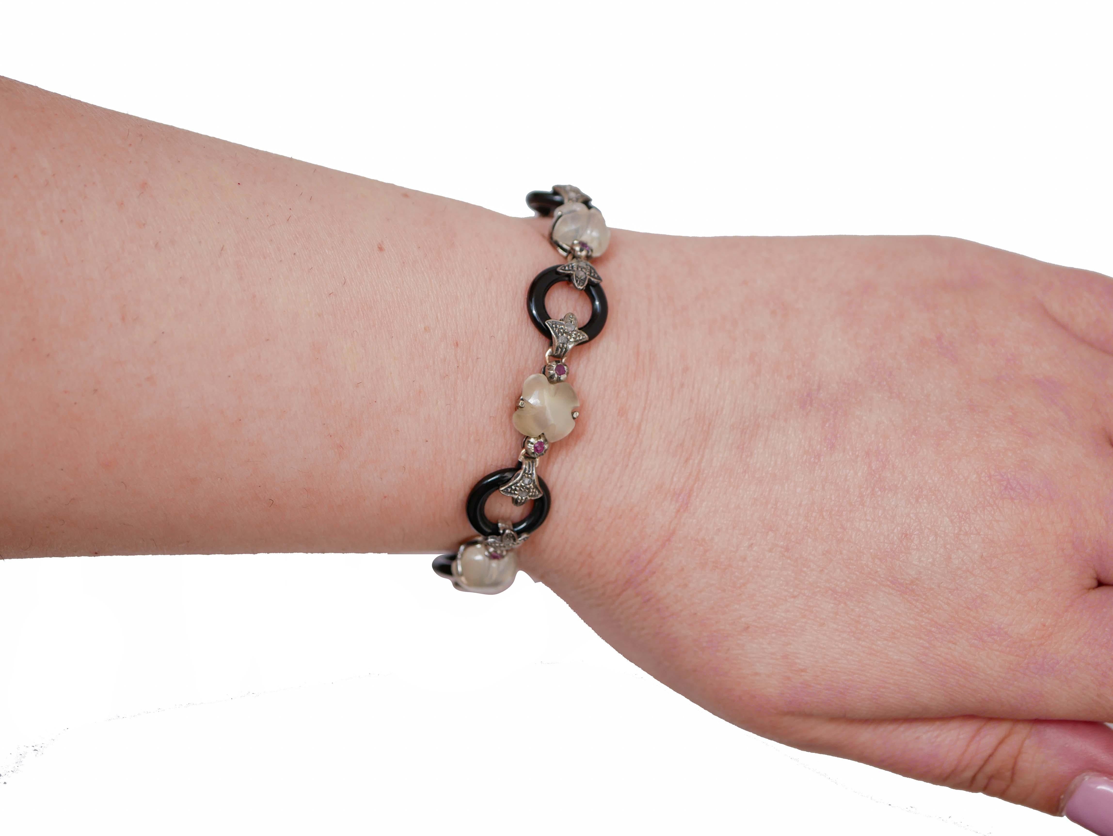Mixed Cut Rubies, Diamonds, Moonlights, Onyx, Rose Gold and Silver Retrò Bracelet