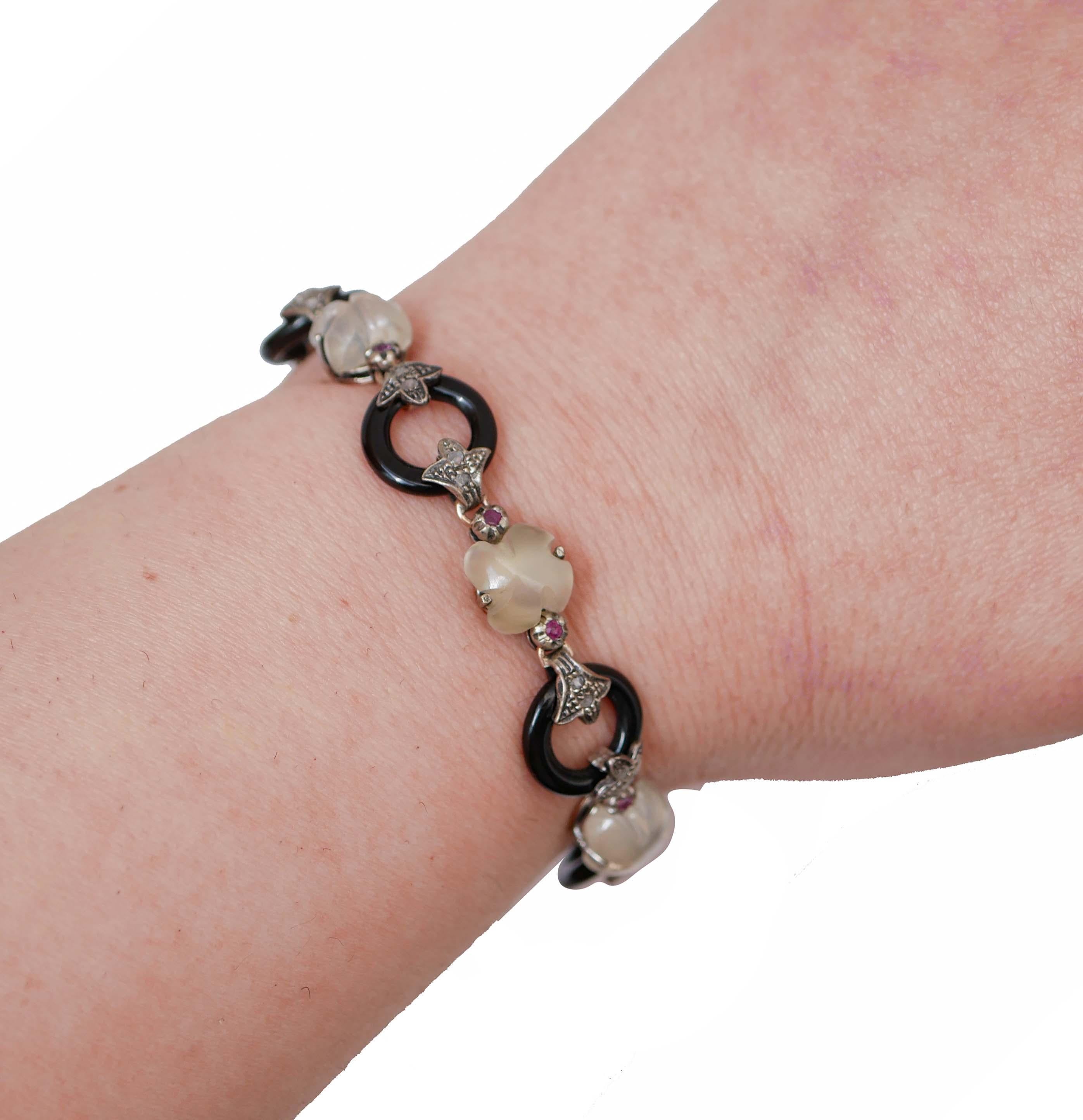 Rubies, Diamonds, Moonlights, Onyx, Rose Gold and Silver Retrò Bracelet In Good Condition In Marcianise, Marcianise (CE)