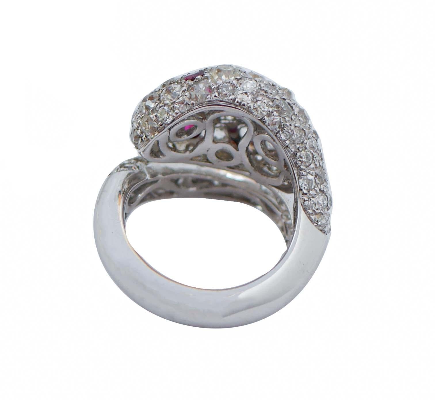 Retro Rubies, Diamonds, Old-Cut Diamonds 18 Karat White Gold Snake Ring.