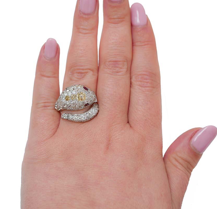 Mixed Cut Rubies, Diamonds, Old-Cut Diamonds 18 Karat White Gold Snake Ring.