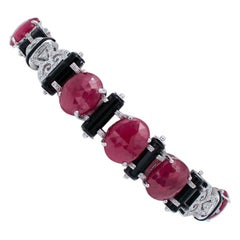 Rubies, Diamonds, Onyx, 14 Karat White Gold Retrò Bracelet