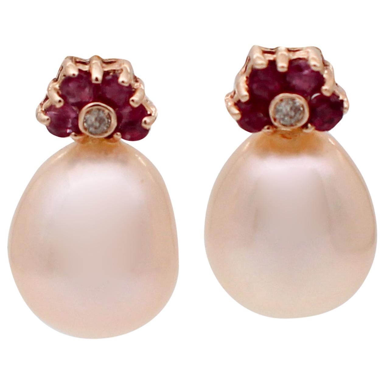 Rubies, Diamonds, Pearls, 14 Karat Rose Gold Drop Earrings