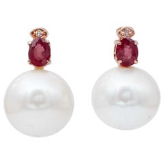 Rubies, Diamonds, Pearls, 14 Karat Rose Gold Earrings