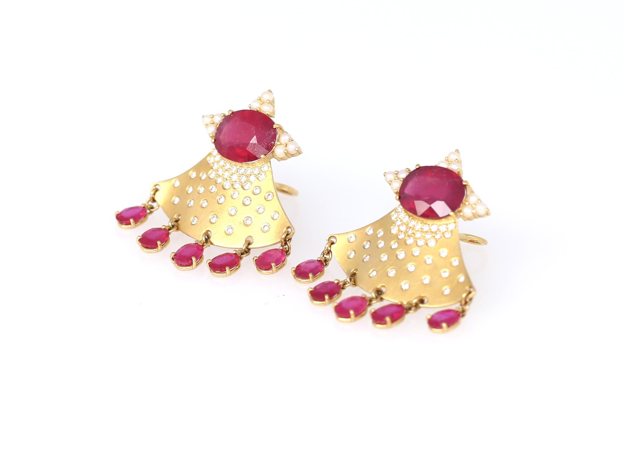 Oval Cut Rubies Diamonds Pearls Gold Whimsical Earrings, 2000