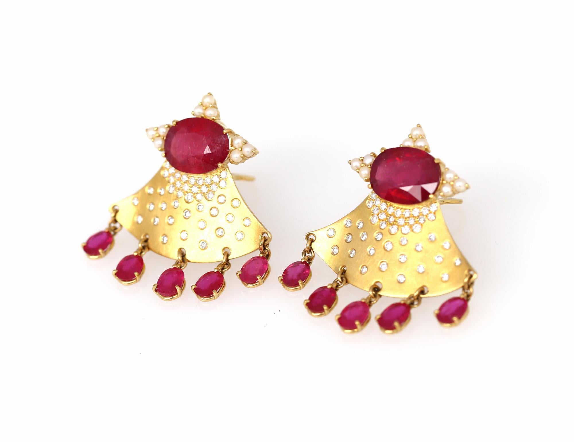 Rubies Diamonds Pearls Gold Whimsical Earrings, 2000 3