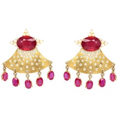 Rubies Diamonds Pearls Gold Whimsical Earrings, 2000
