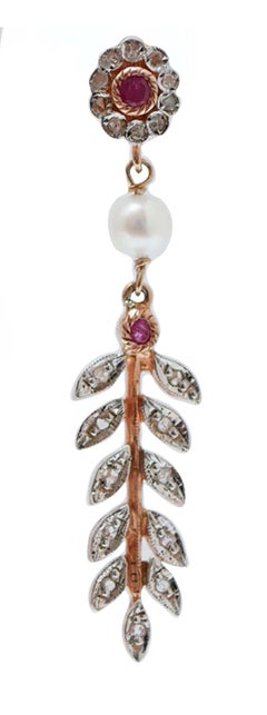 Rubies, Diamonds, Pearls, Rose Gold and Silver Earrings.