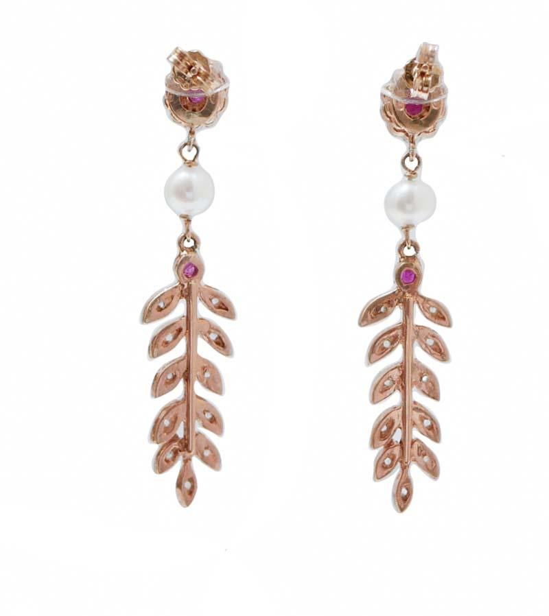 Retro Rubies, Diamonds, Pearls, Rose Gold and Silver Earrings. For Sale