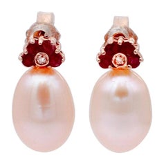 Rubies, Diamonds, Pink Pearls, 14 Karat Rose Gold Drop Earrings