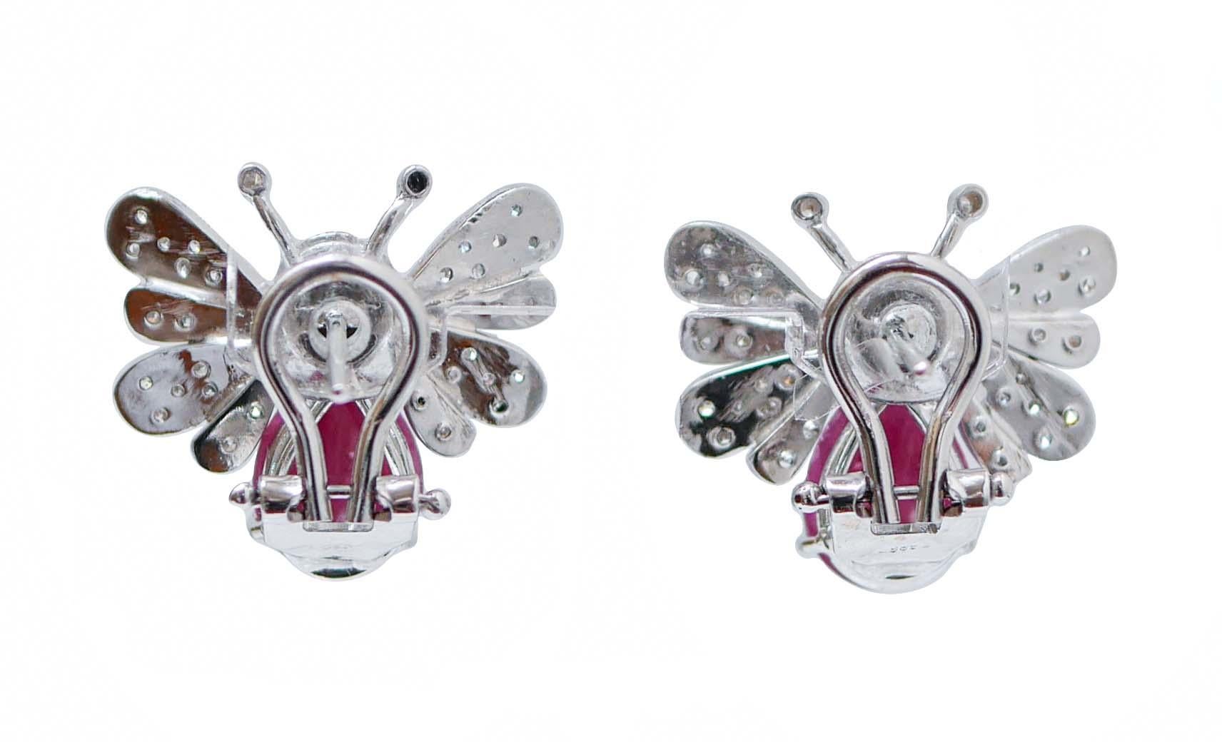 Retro Rubies, Diamonds, Platinum and 14 Karat White Gold Butterfly Earrings. For Sale