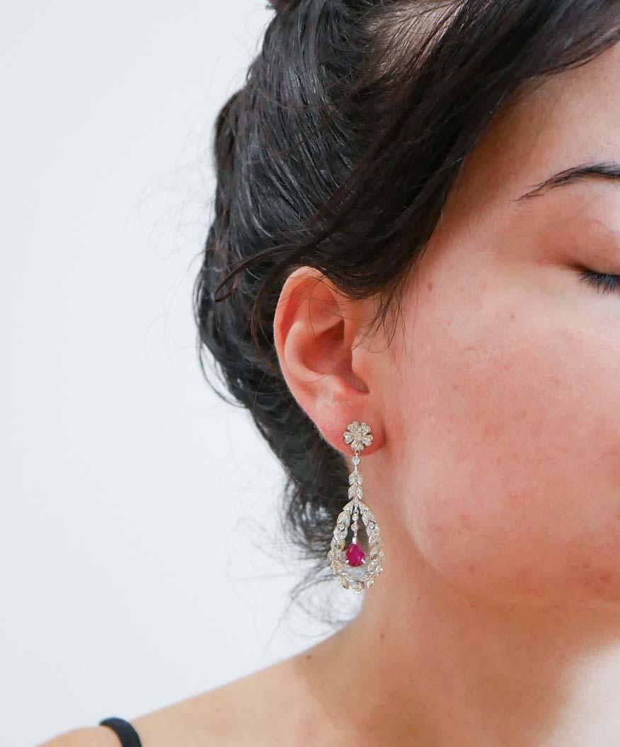 Rubíes, Diamantes, Platino Pendientes. Corte mixto en venta