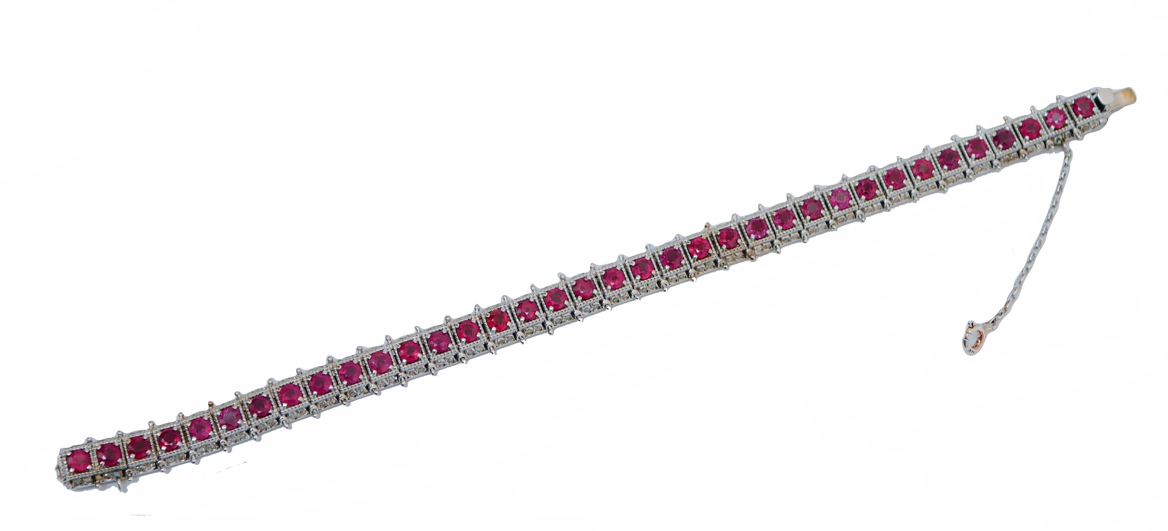 Retro Rubies, Diamonds, Rose Gold and Silver Bracelet. For Sale