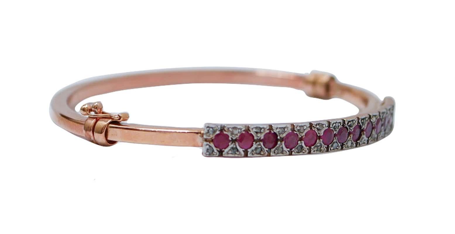 Rétro Bracciale con rubini, diamanti, oro rosa e argento. in vendita