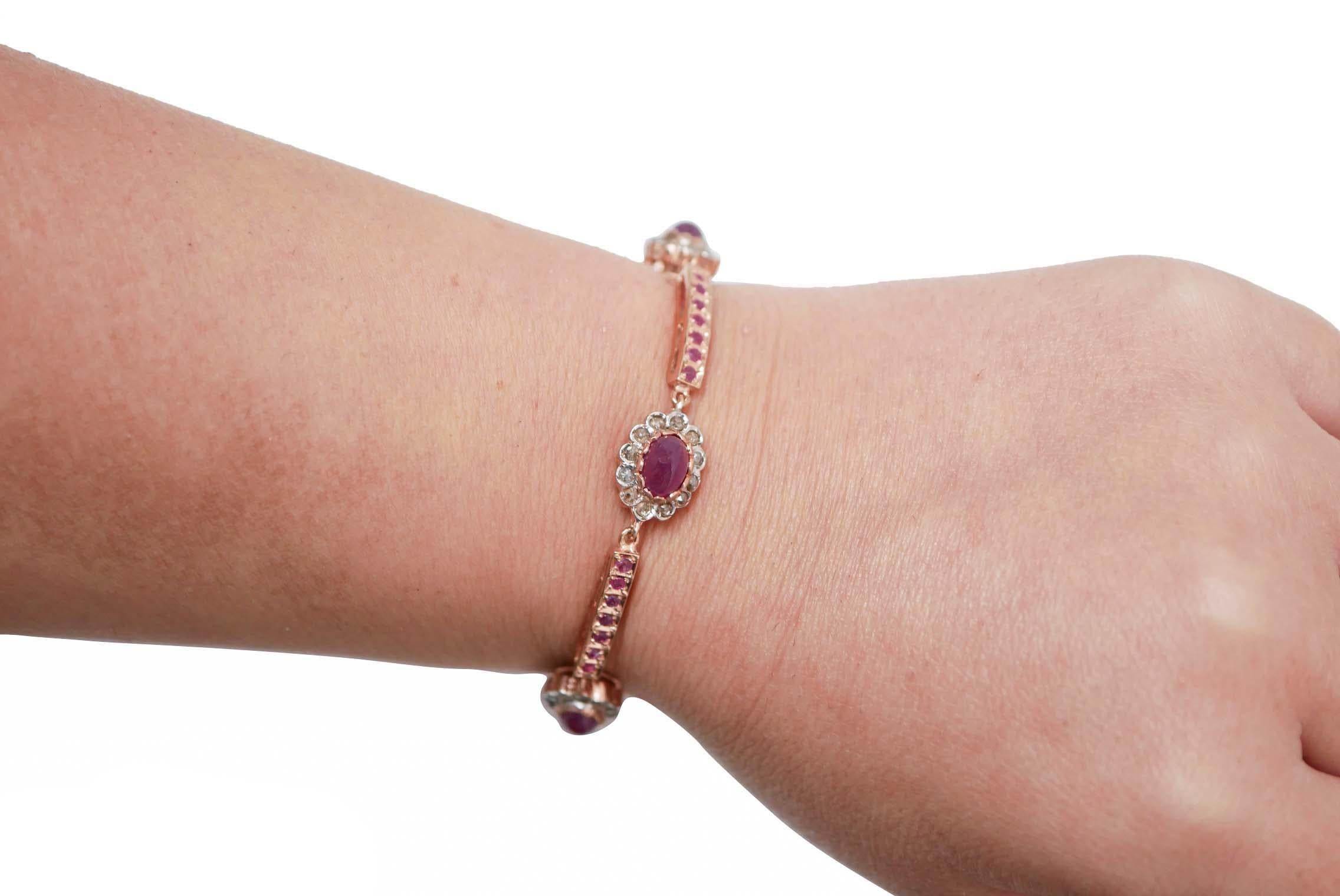 Mixed Cut Rubies, Diamonds, Rose Gold and Silver Bracelet. For Sale