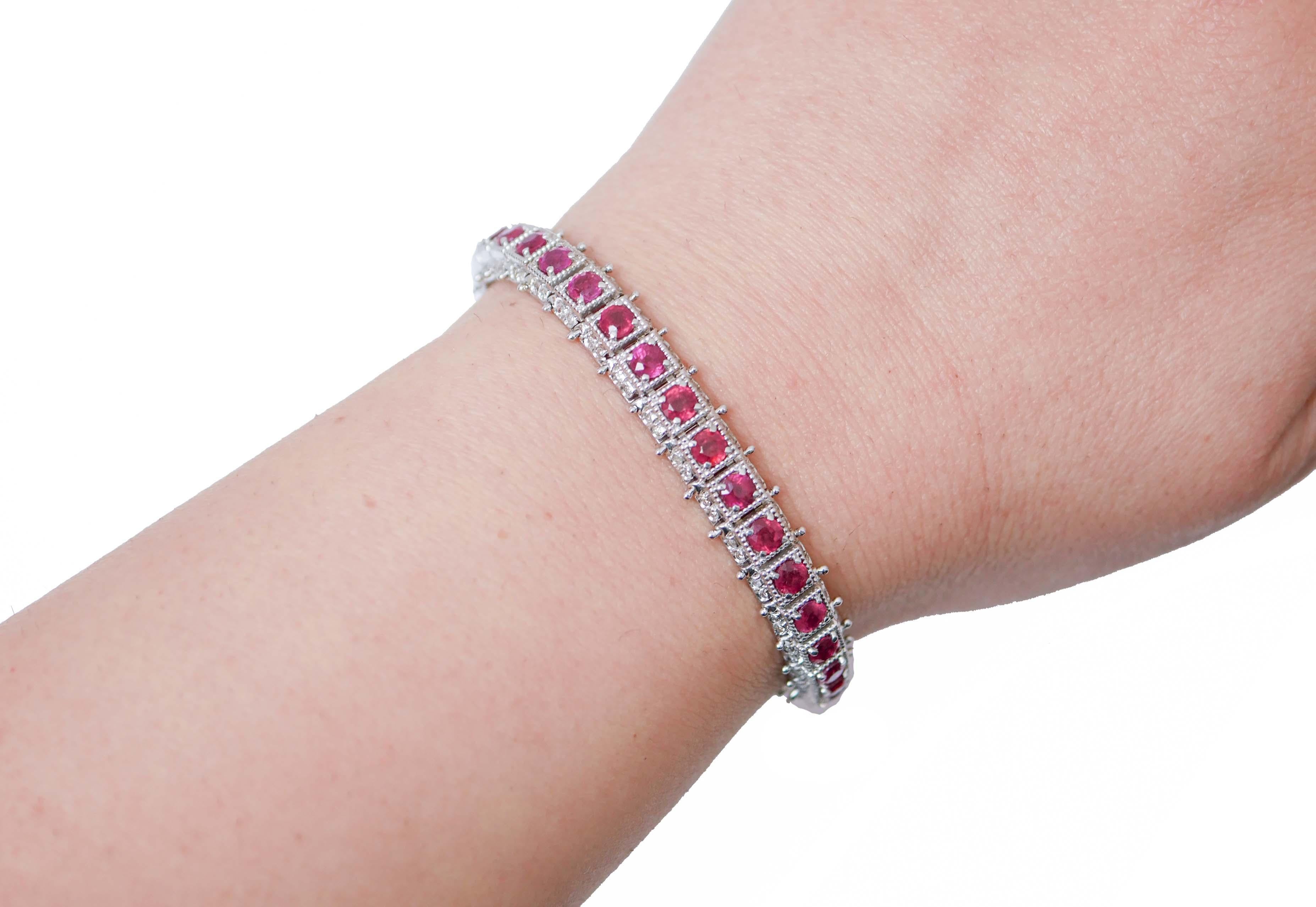 Women's Rubies, Diamonds, Rose Gold and Silver Bracelet. For Sale