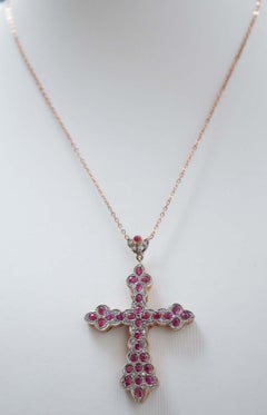 Rubies, Diamonds, Rose Gold and Silver Cross Pendant.