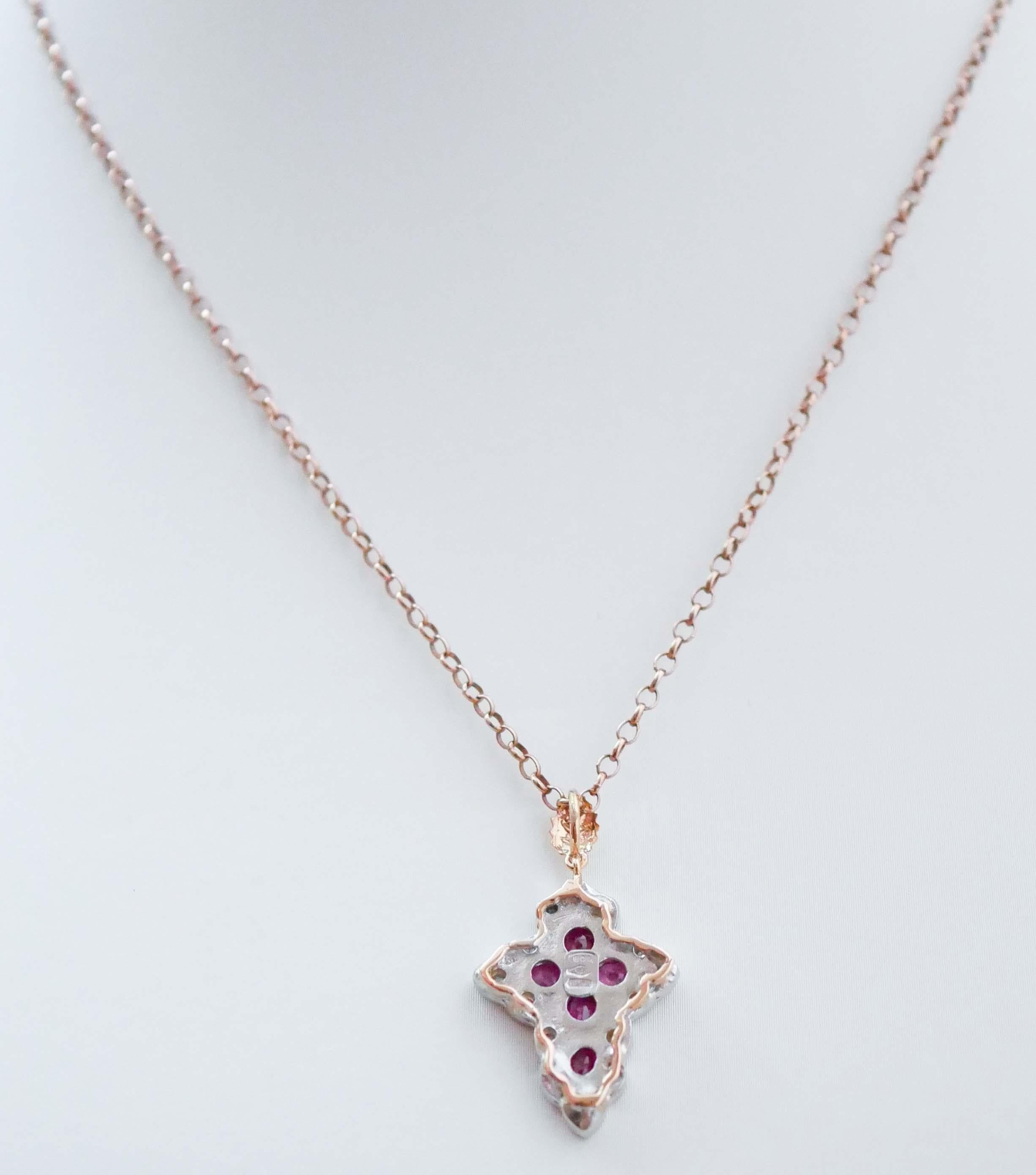 Mixed Cut Rubies, Diamonds, Rose Gold and Silver Cross Pendant. For Sale
