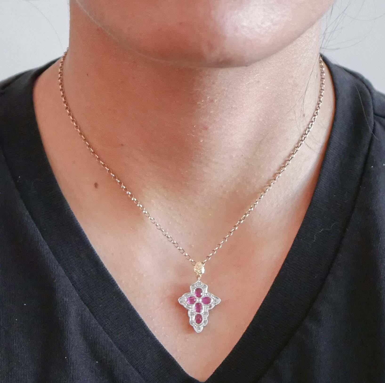 Women's Rubies, Diamonds, Rose Gold and Silver Cross Pendant. For Sale