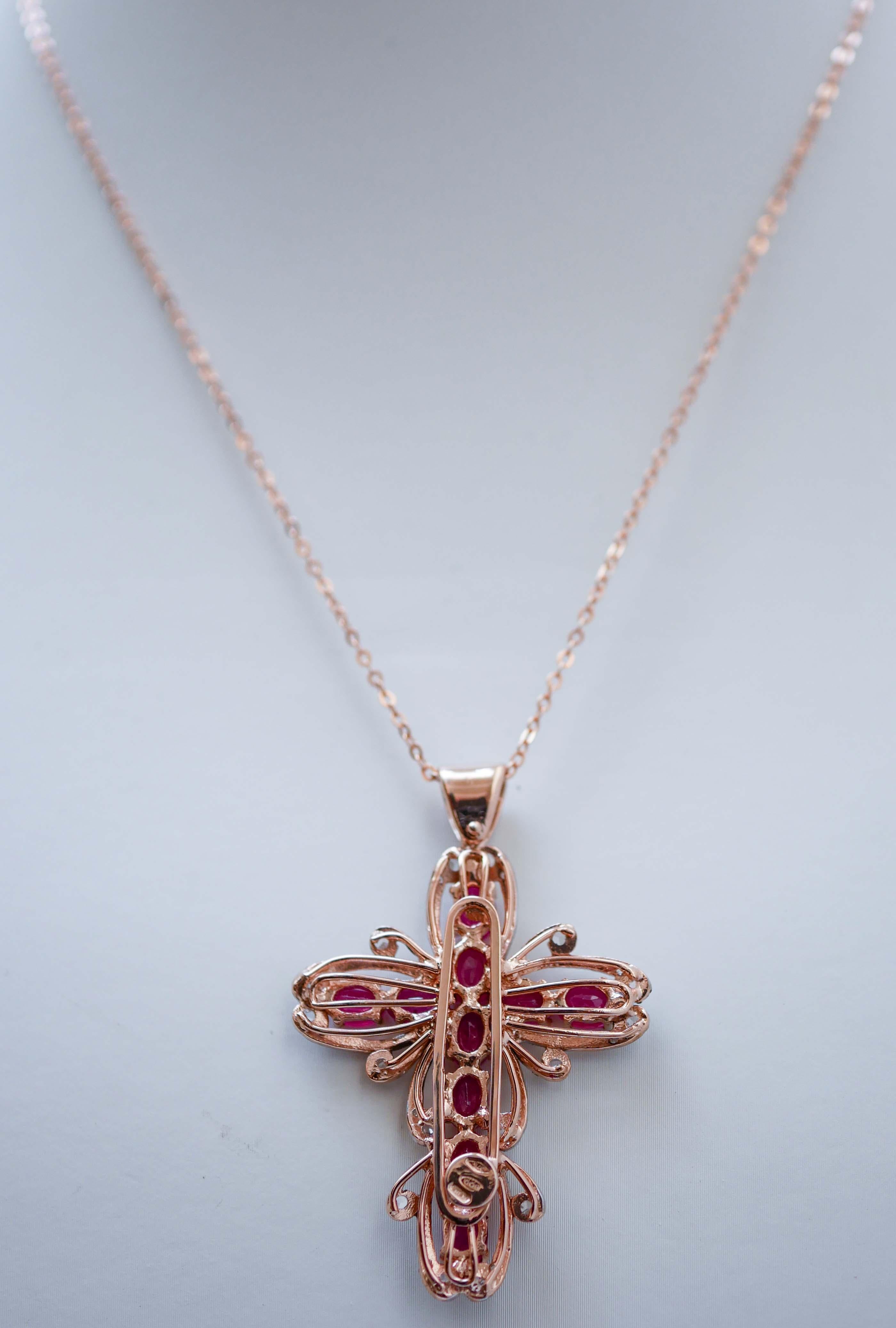 Mixed Cut Rubies, Diamonds, Rose Gold and Silver Cross Pendant Necklace. For Sale