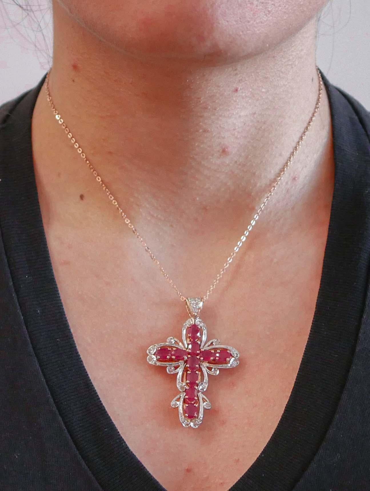 Women's Rubies, Diamonds, Rose Gold and Silver Cross Pendant Necklace. For Sale