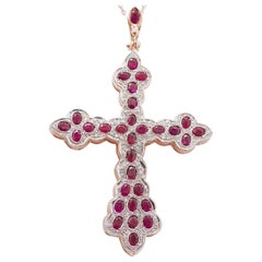 Rubies, Diamonds, Rose Gold and Silver Cross Pendant Necklace