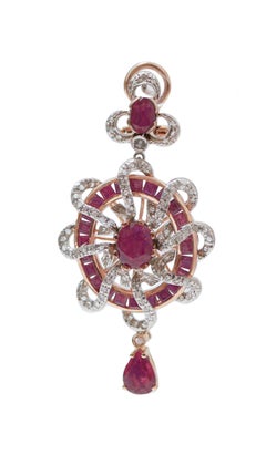 Rubies, Diamonds, Rose Gold and Silver Dangle Earrings.