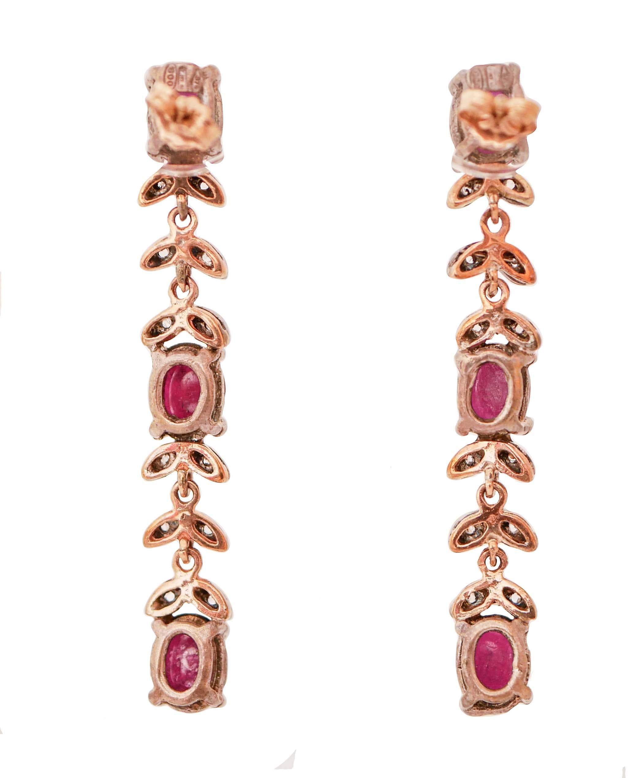 Retro Rubies , Diamonds, Rose Gold and Silver Dangle Earrings For Sale