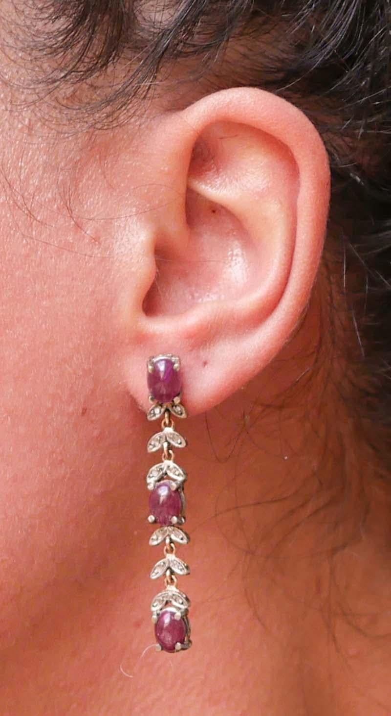 Rubies , Diamonds, Rose Gold and Silver Dangle Earrings In New Condition For Sale In Marcianise, Marcianise (CE)