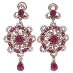 Rubies, Diamonds, Rose Gold and Silver Dangle Earrings.