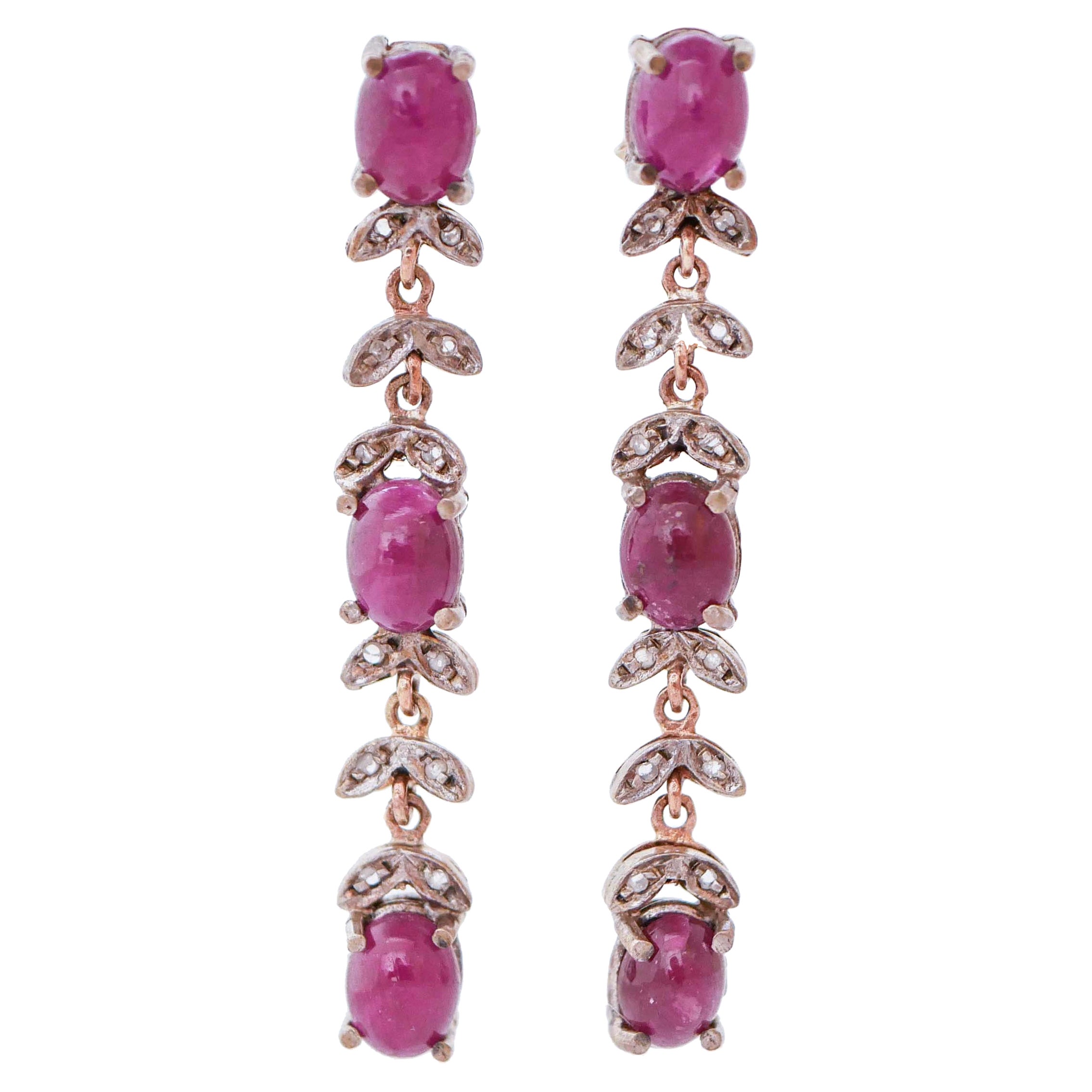 Rubies , Diamonds, Rose Gold and Silver Dangle Earrings For Sale
