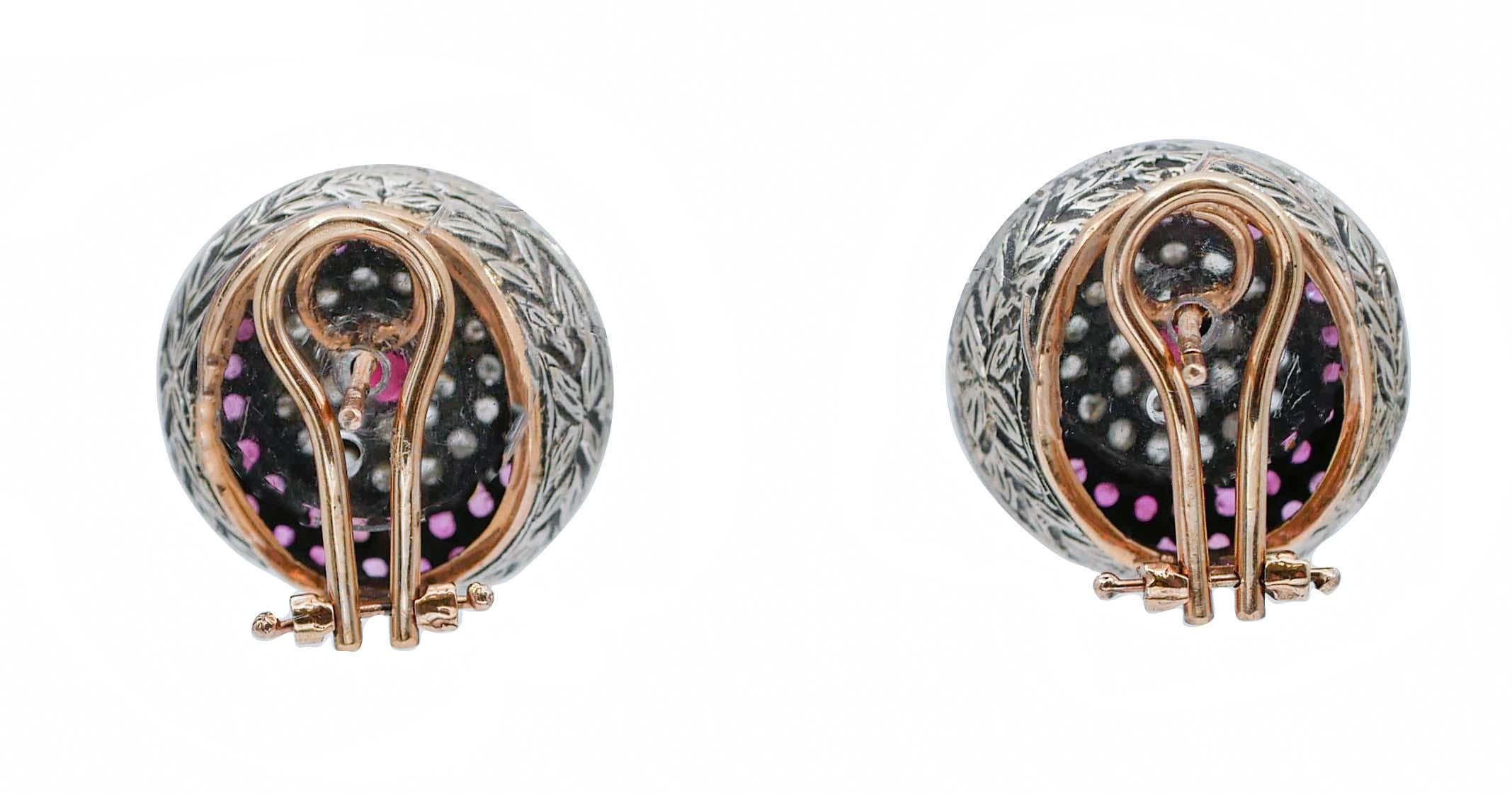 Retro Rubies, Diamonds, Rose Gold and Silver Earrings For Sale