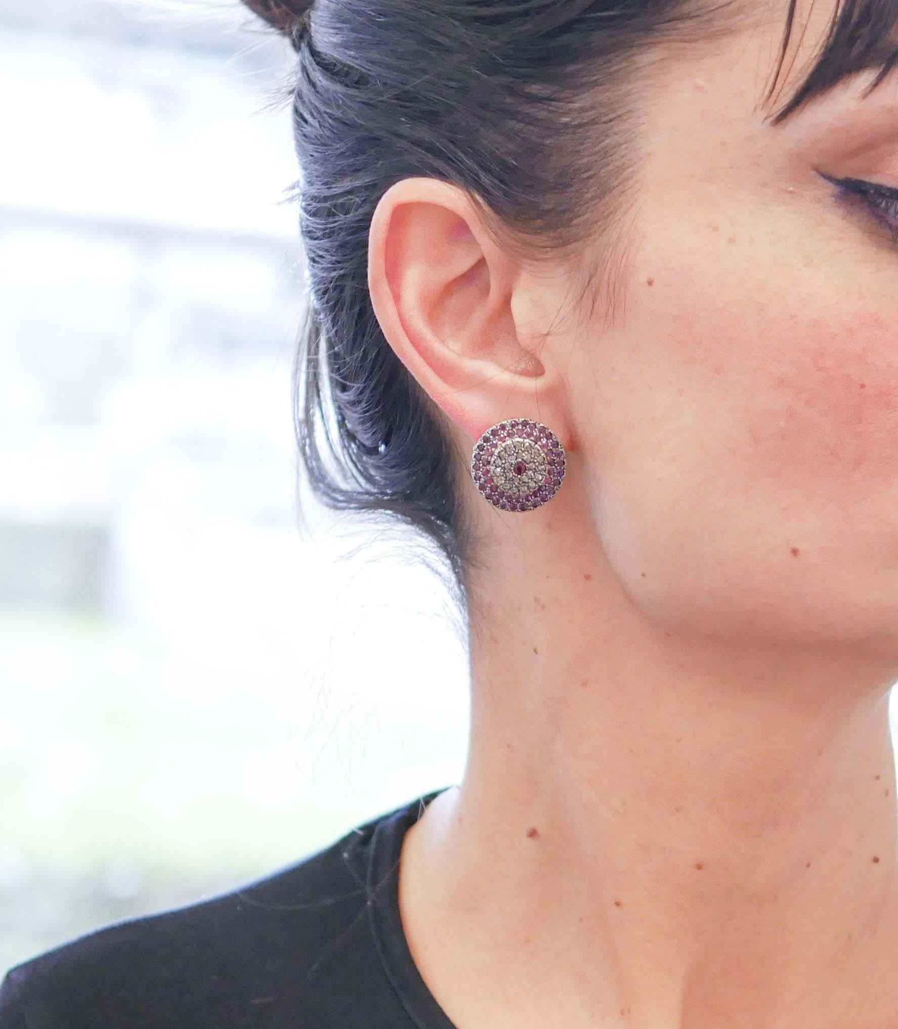 Mixed Cut Rubies, Diamonds, Rose Gold and Silver Earrings For Sale