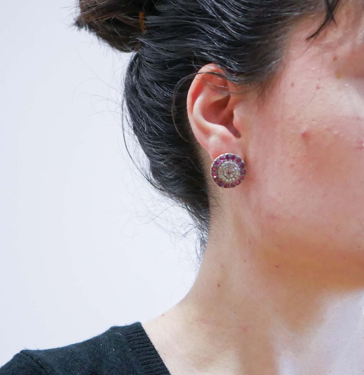 Mixed Cut Rubies, Diamonds, Rose Gold and Silver Earrings.