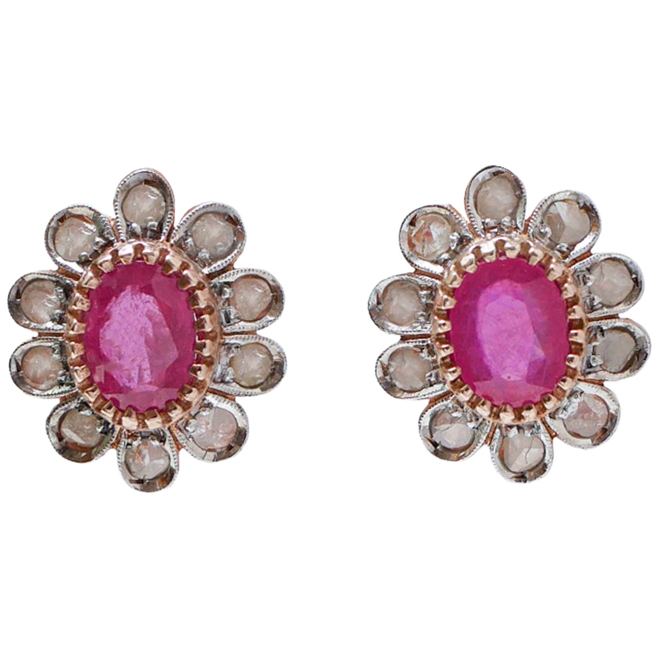 Orecchini con rubini, diamanti, oro rosa e argento
