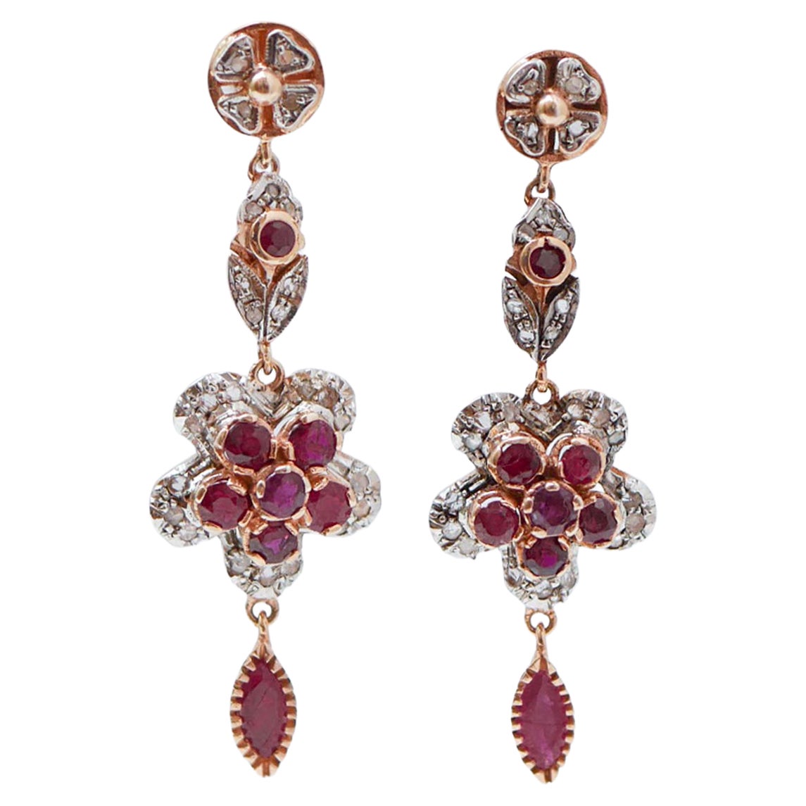Rubies, Diamonds, Rose Gold and Silver Earrings.