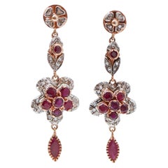 Rubies, Diamonds, Rose Gold and Silver Earrings.