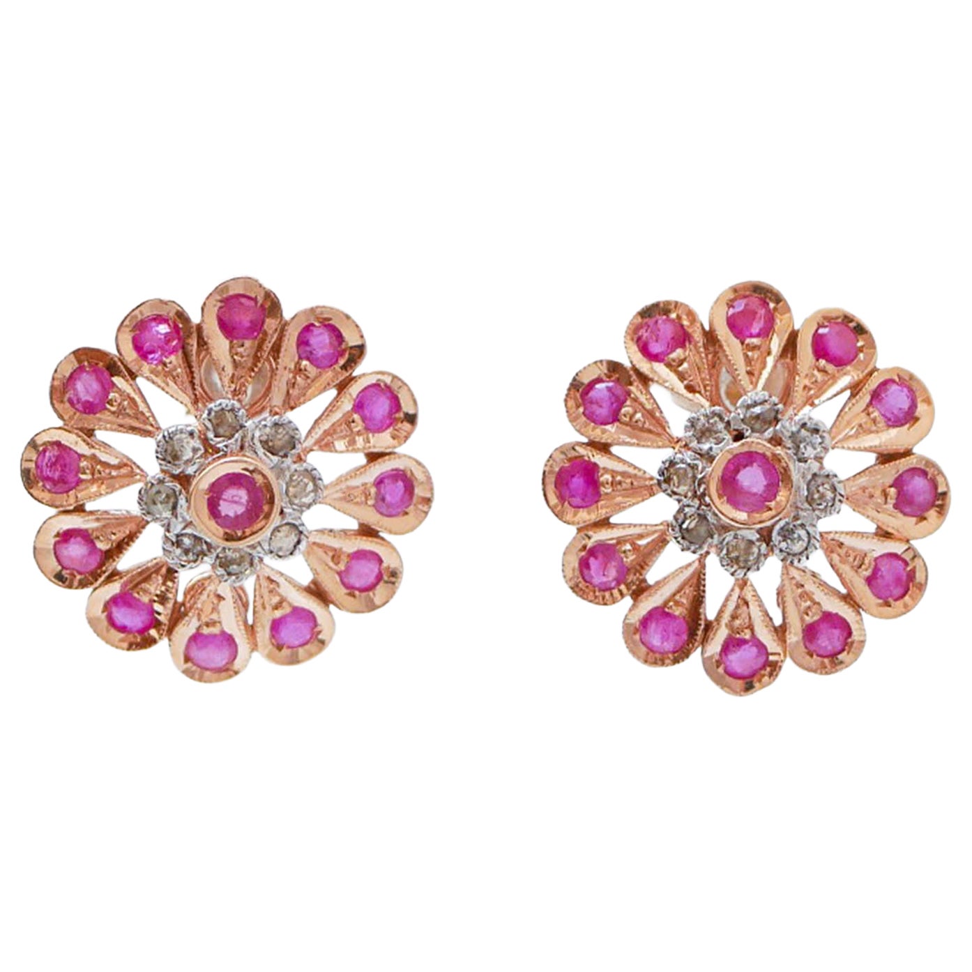 Rubies, Diamonds, Rose Gold and Silver Earrings.
