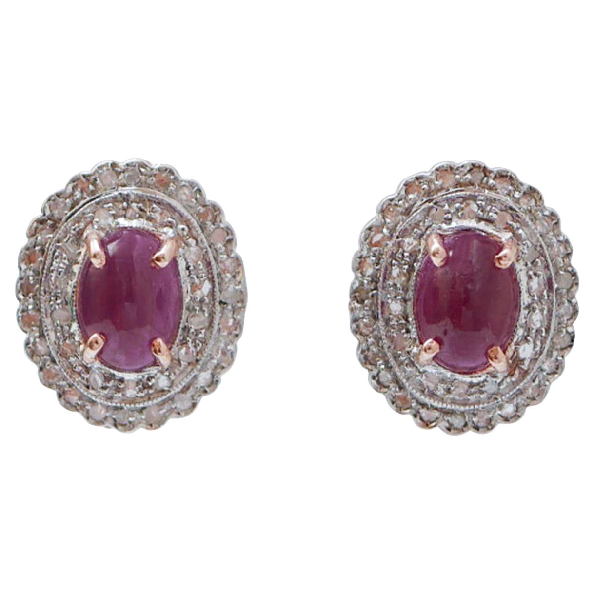 Rubies, Diamonds, Rose Gold and Silver Earrings.