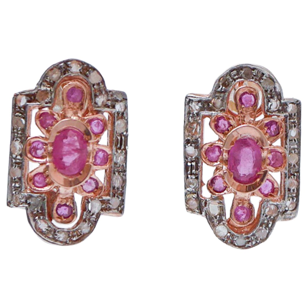 Rubies, Diamonds, Rose Gold and Silver Earrings.