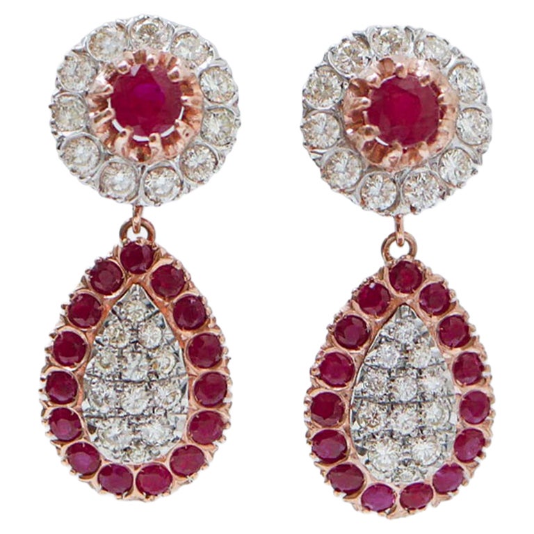 Rubies, Diamonds, Rose Gold and Silver Earrings.