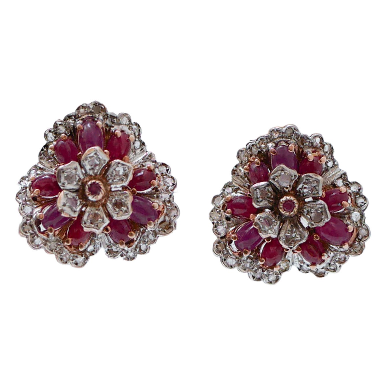 Rubies, Diamonds, Rose Gold and Silver Earrings.