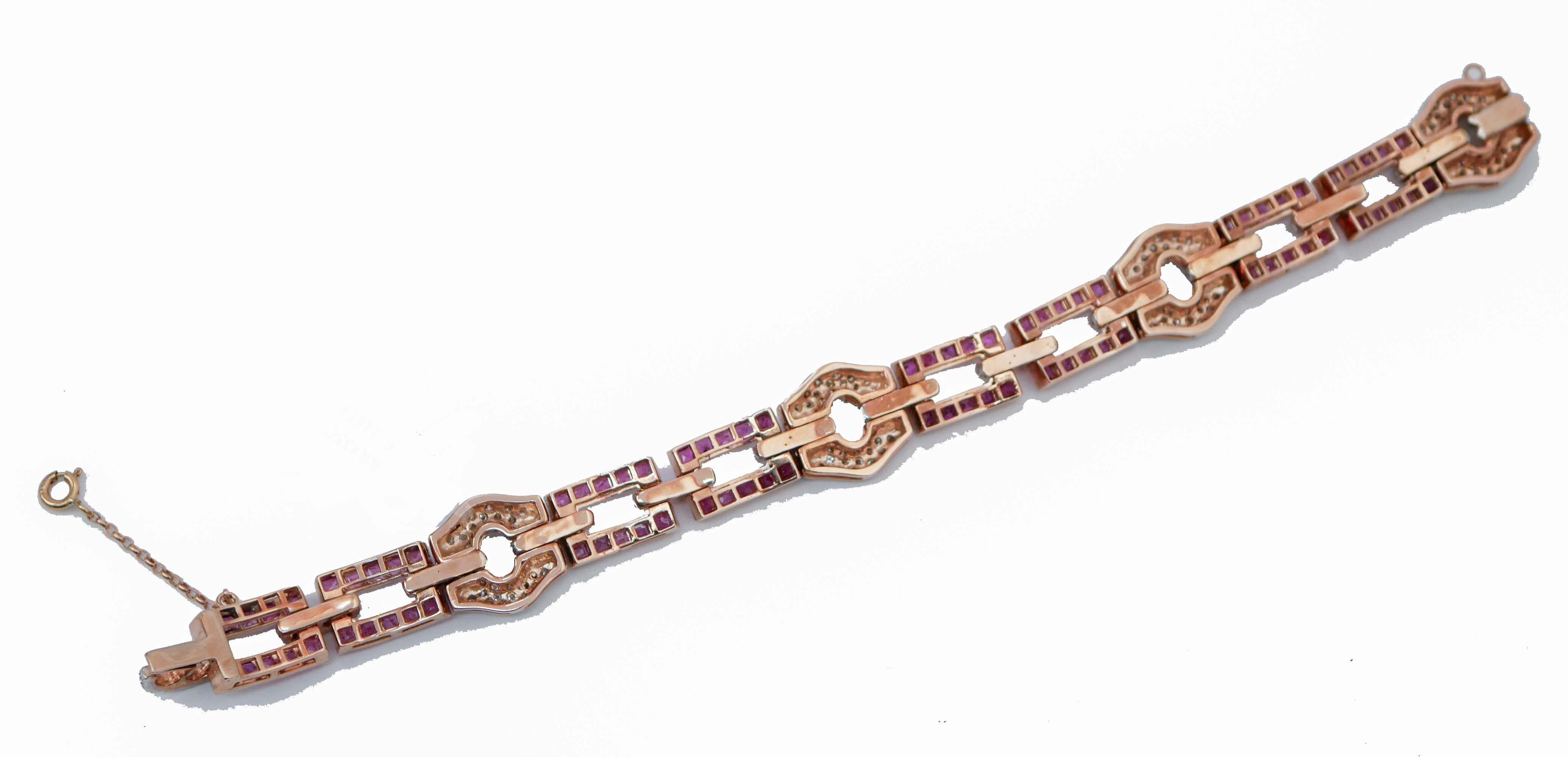 Retro Rubies, Diamonds, Rose Gold and Silver Link Bracelet. For Sale