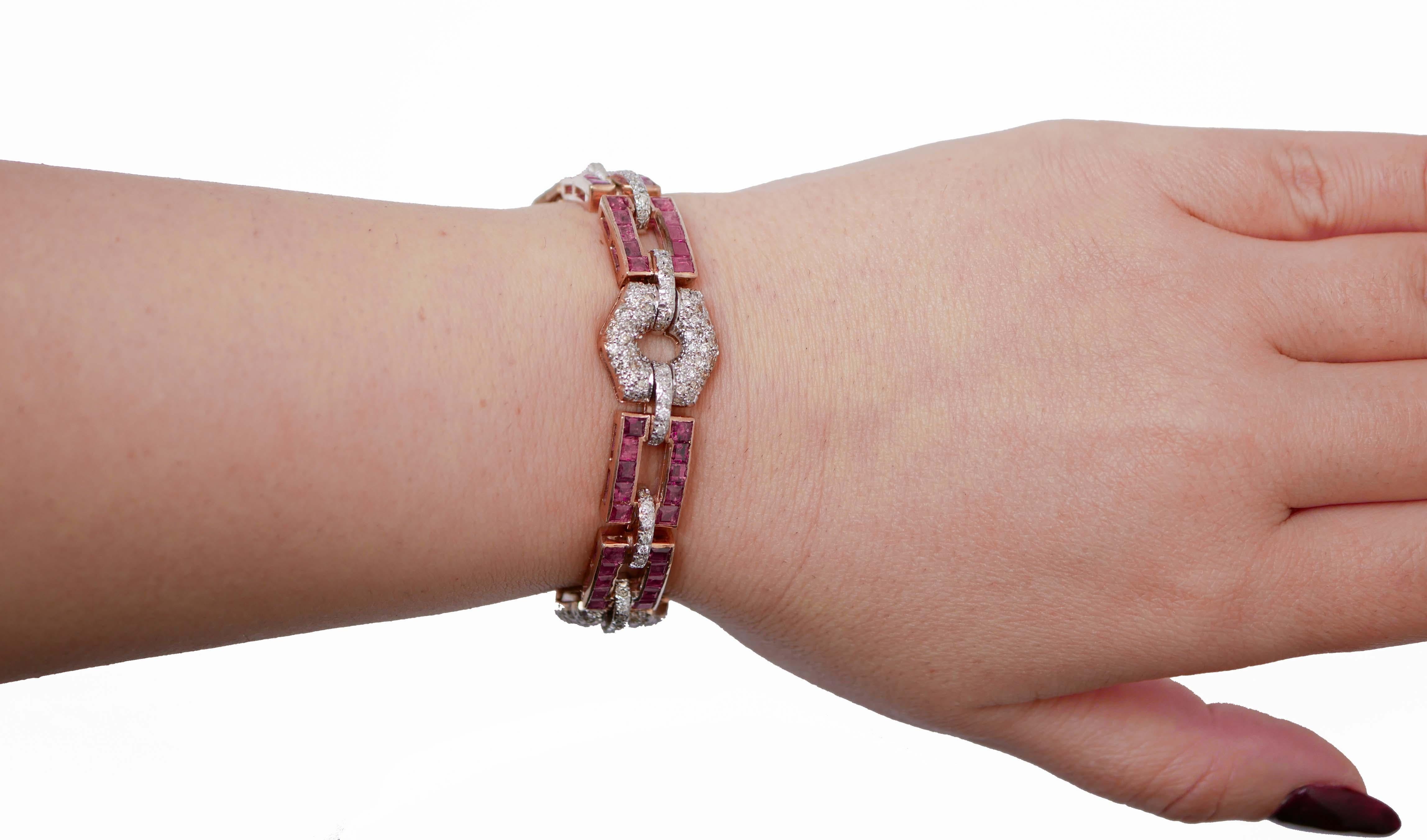 Mixed Cut Rubies, Diamonds, Rose Gold and Silver Link Bracelet. For Sale
