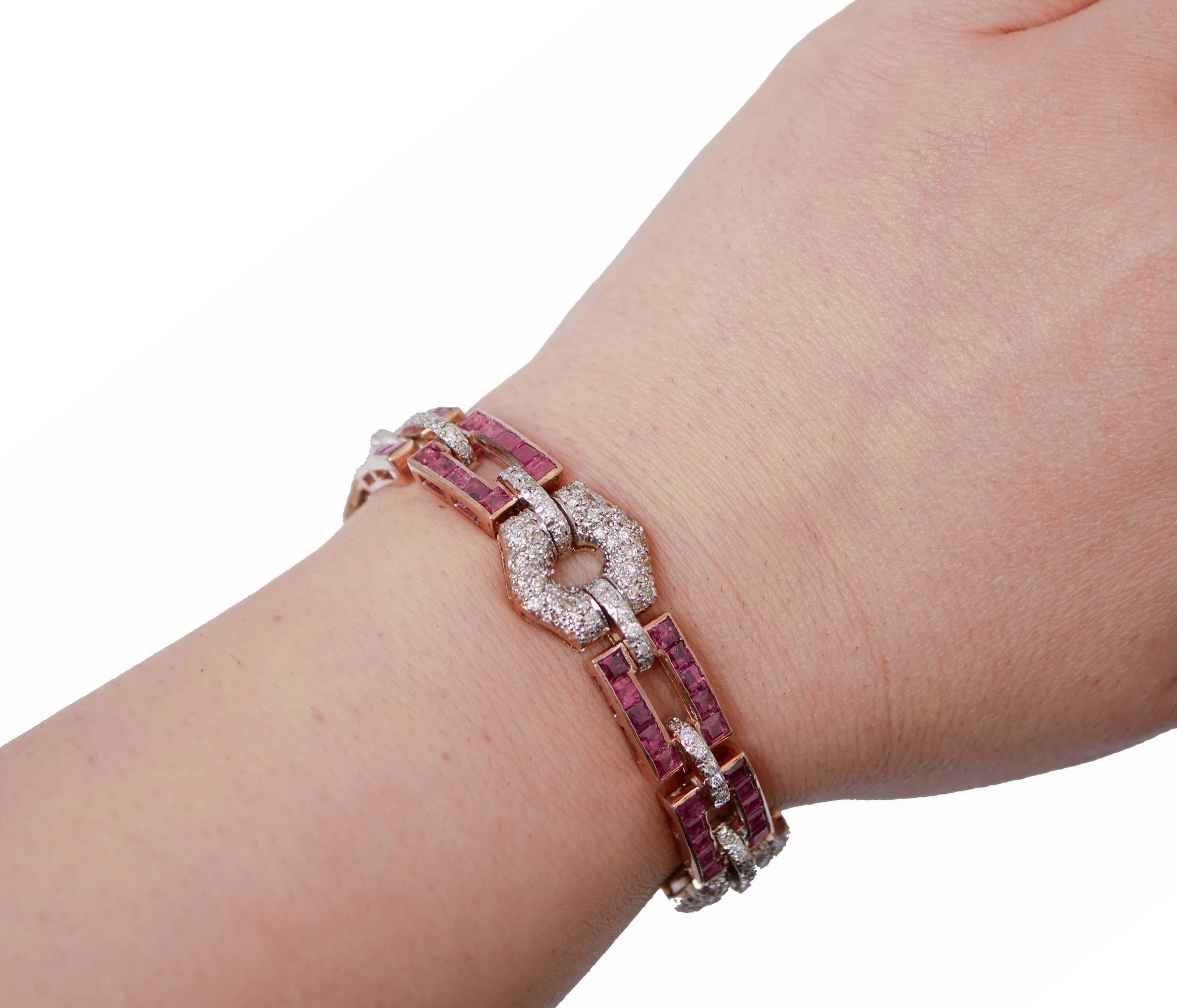 Rubies, Diamonds, Rose Gold and Silver Link Bracelet. In Good Condition For Sale In Marcianise, Marcianise (CE)