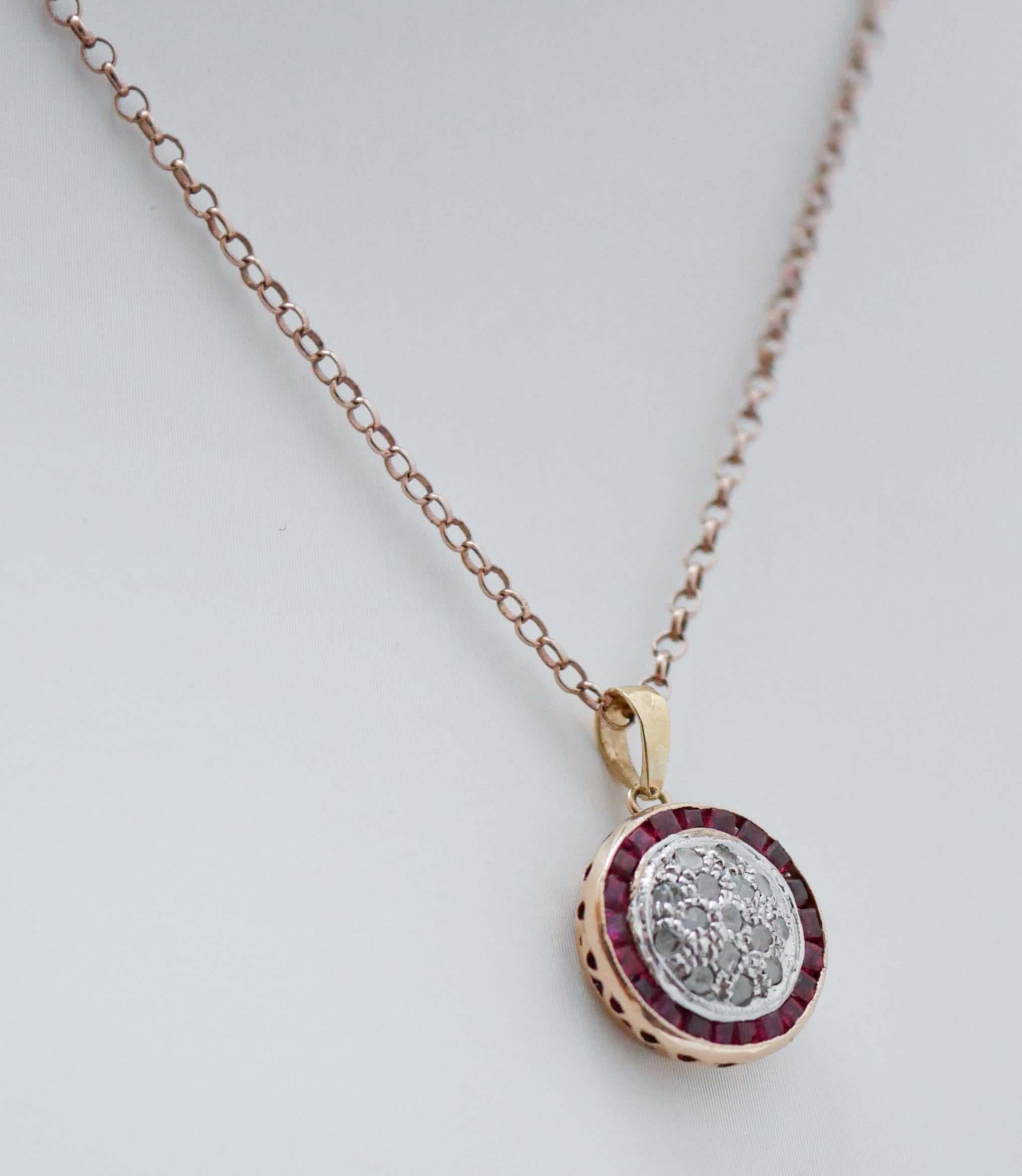 Retro Rubies, Diamonds, Rose Gold and Silver Pendant Necklace.