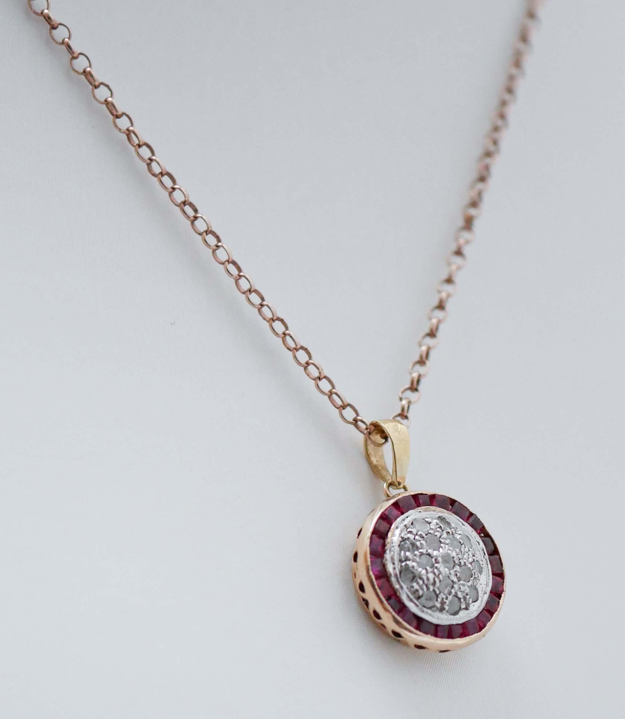 Retro Rubies, Diamonds, Rose Gold and Silver Pendant Necklace. For Sale